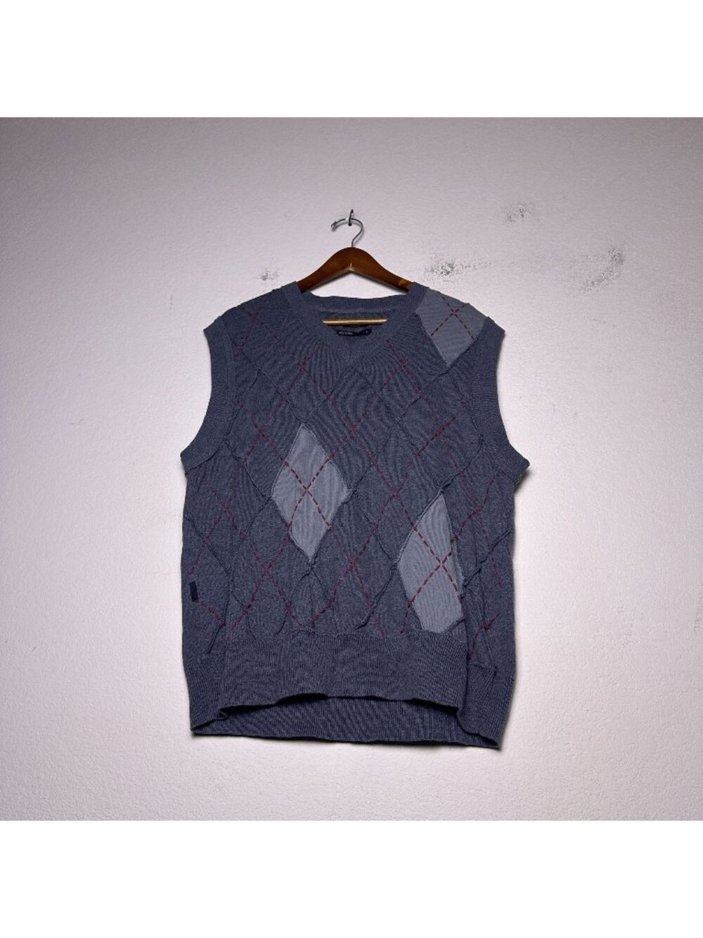 Mark Ecko Cut Sew Vest Sweater Gray Pullover Men L Diamond Pattern Preppy Dress